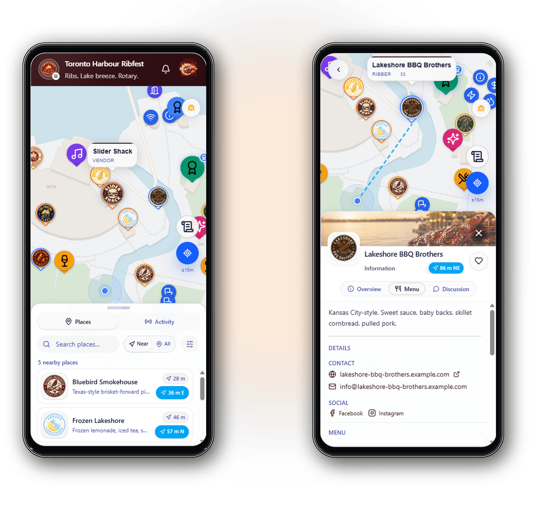 Two Event Horizon attendee app screens showing the live event map and vendor details